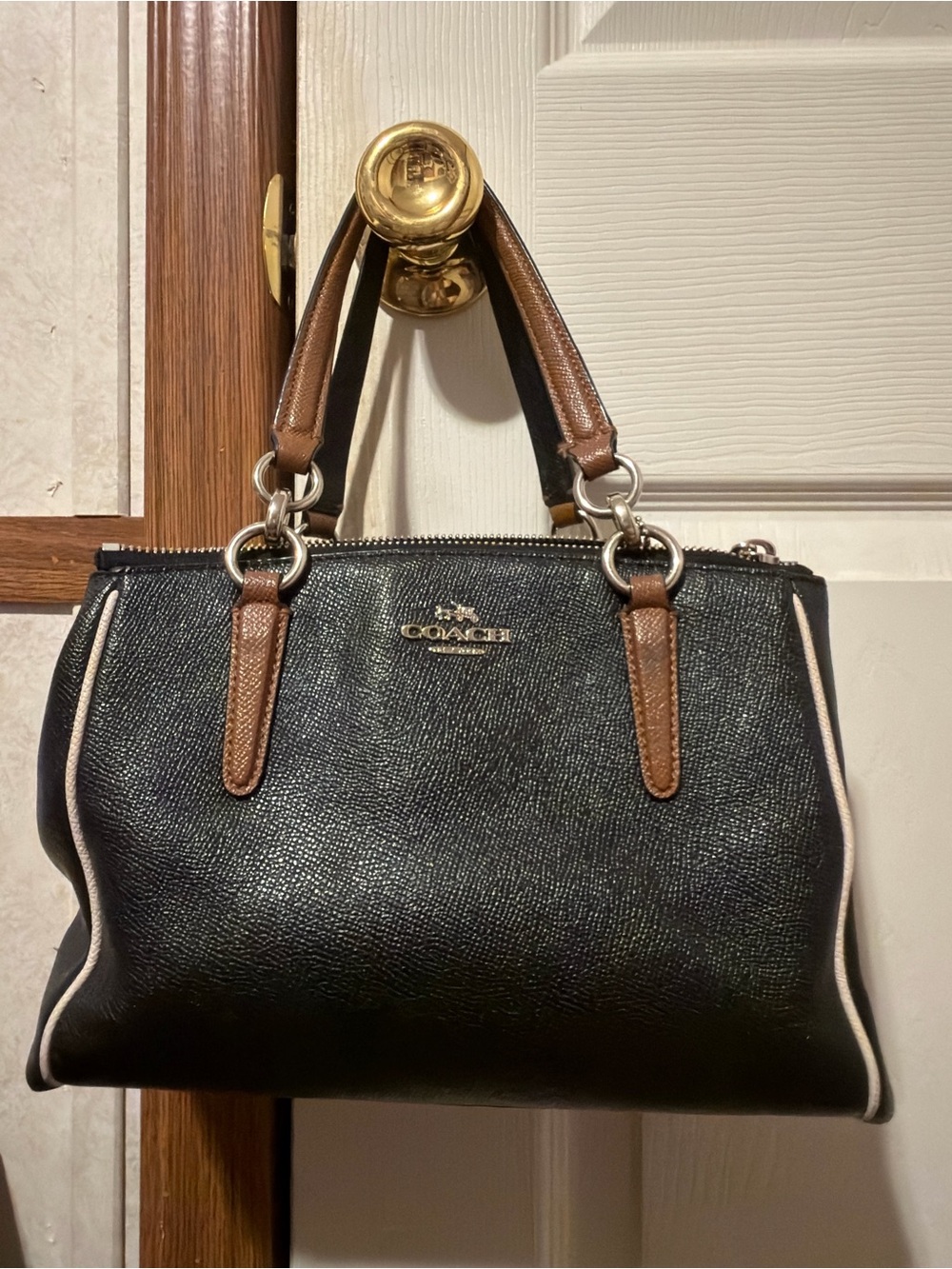 Coach Black Leather Satchel with Brown Handles and Cream Piping
